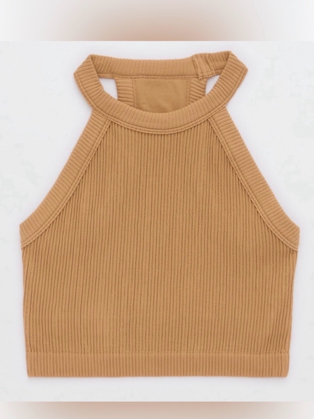 Aerie Superchill Seamless High Neck Bra ribbed tan halter top size medium
